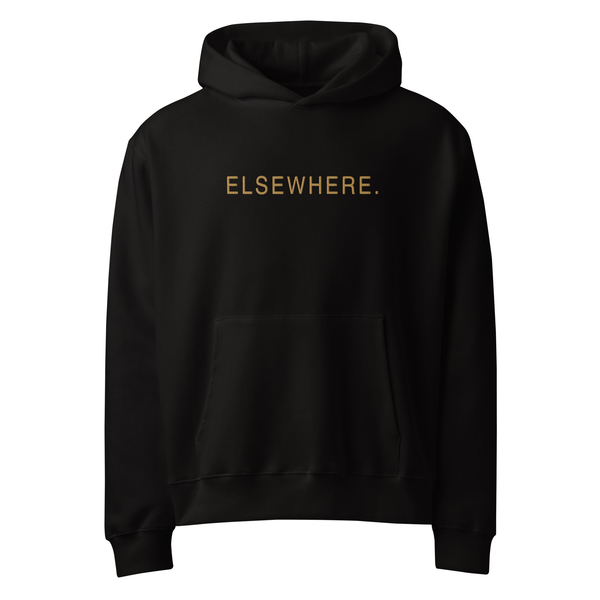 Front view of The Elsewhere Hoodie in black with muted-gold ELSEWHERE. flat embroidery.