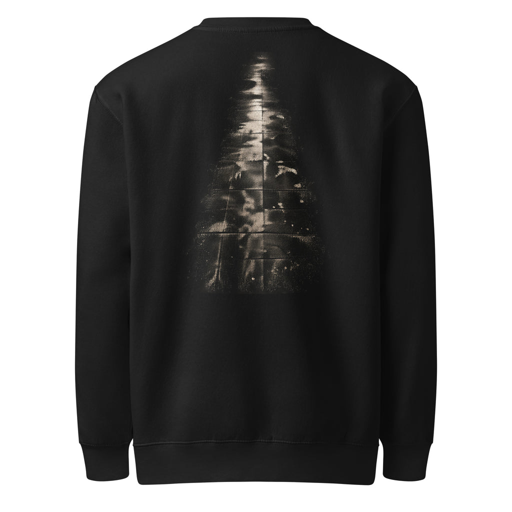 Back of The Witness Sweatshirt in black featuring an abstract evergreen graphic formed through fractured reflections.