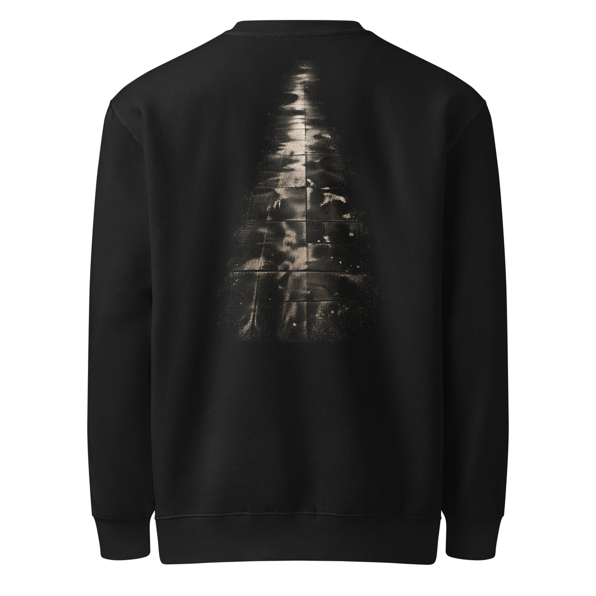Back of The Witness Sweatshirt in black featuring an abstract evergreen graphic formed through fractured reflections.