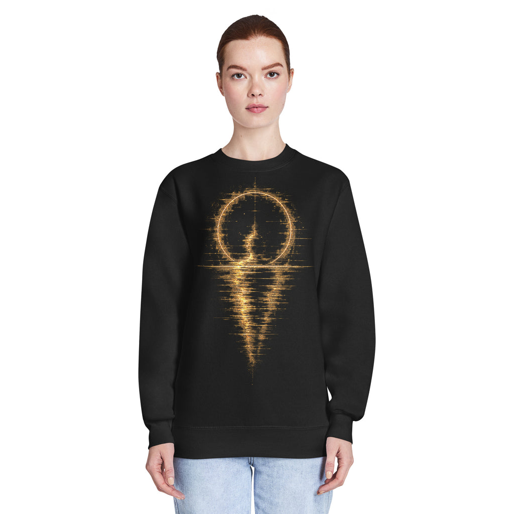 The Afterimage Sweatshirt worn by a woman, showing the front graphic placement, regular fit, and overall scale.