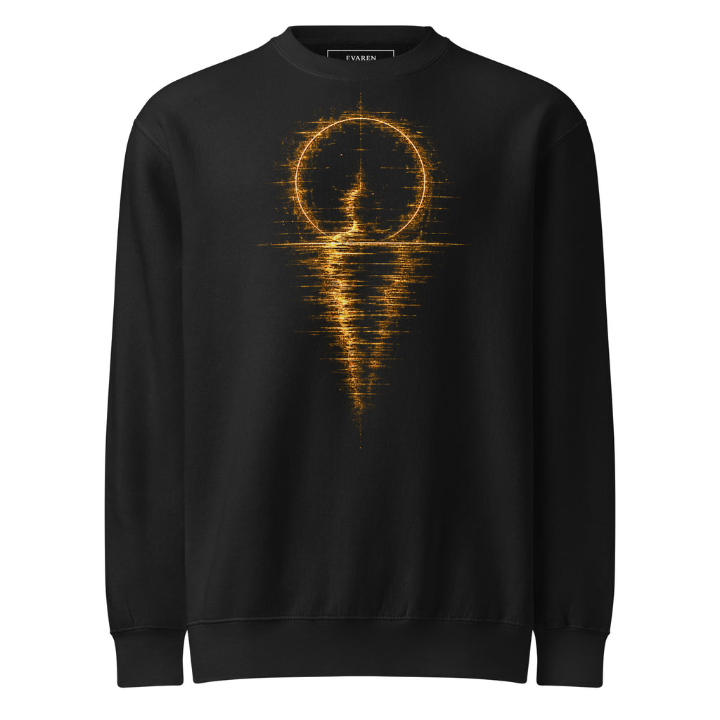 The Afterimage Sweatshirt in black with a large distorted gold reflection graphic printed across the front.
