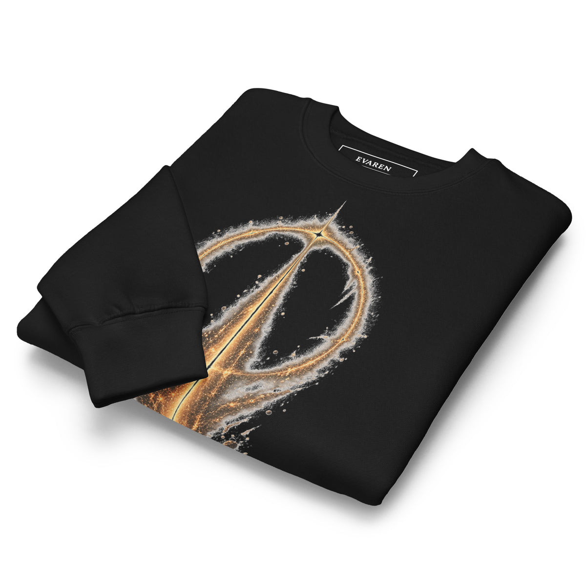 Folded black False Ceiling Sweatshirt showing a close-up of the gold-and-ash front artwork and custom EVAREN inside neck label.
