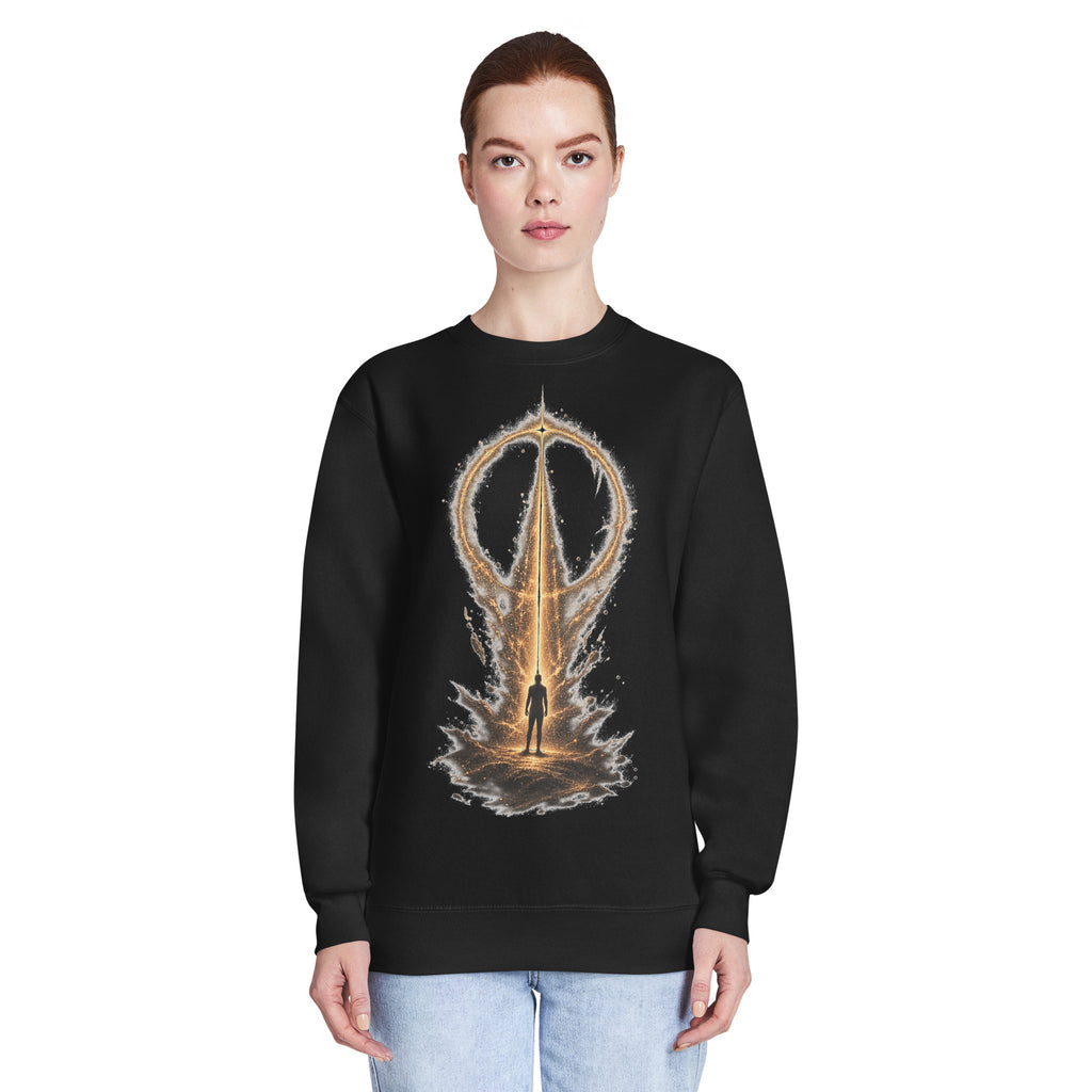 Woman wearing The False Ceiling Sweatshirt in black, showing the front artwork placement and regular unisex fit.