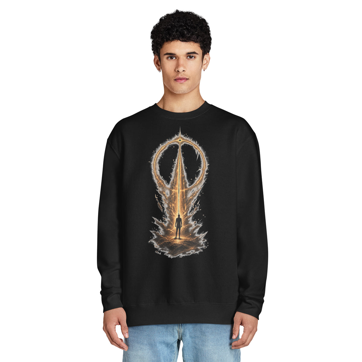 Man wearing The False Ceiling Sweatshirt in black, showing the front artwork placement and regular unisex fit.