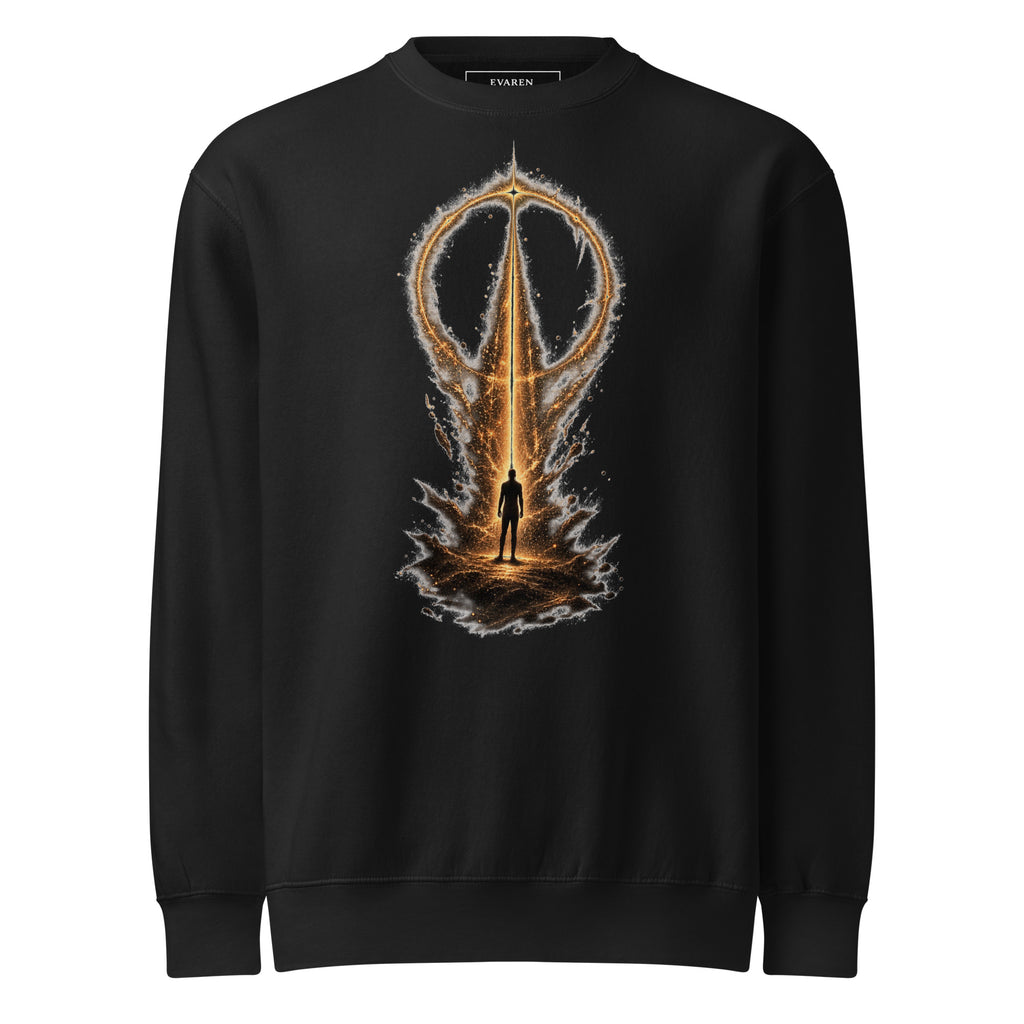 The False Ceiling Sweatshirt in black with gold-and-ash abstract artwork featuring a solitary figure beneath a fractured circular boundary.