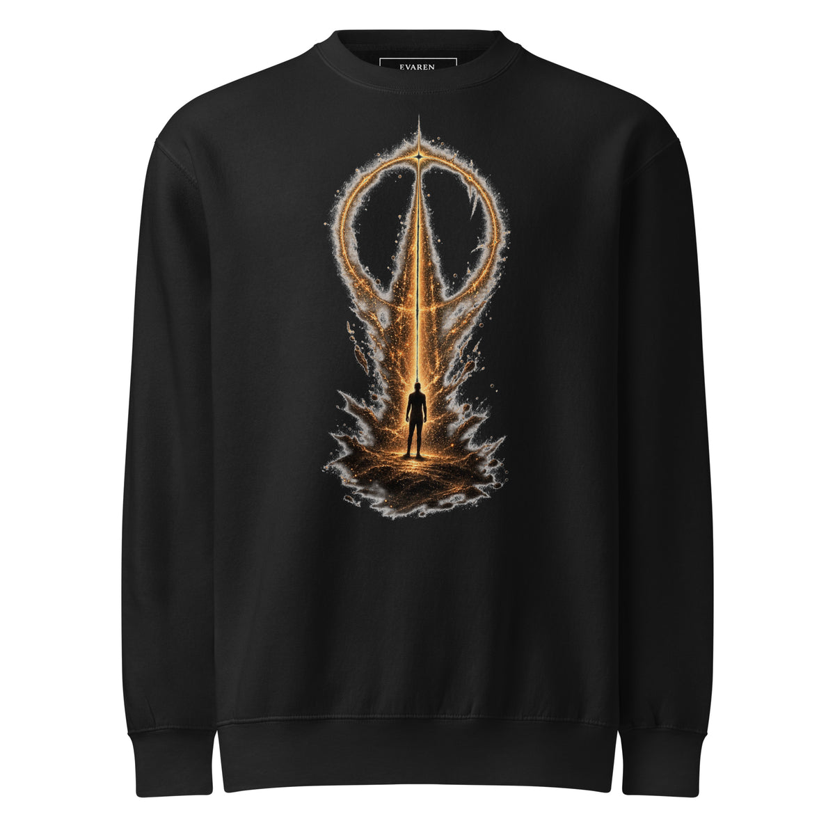 The False Ceiling Sweatshirt in black with gold-and-ash abstract artwork featuring a solitary figure beneath a fractured circular boundary.