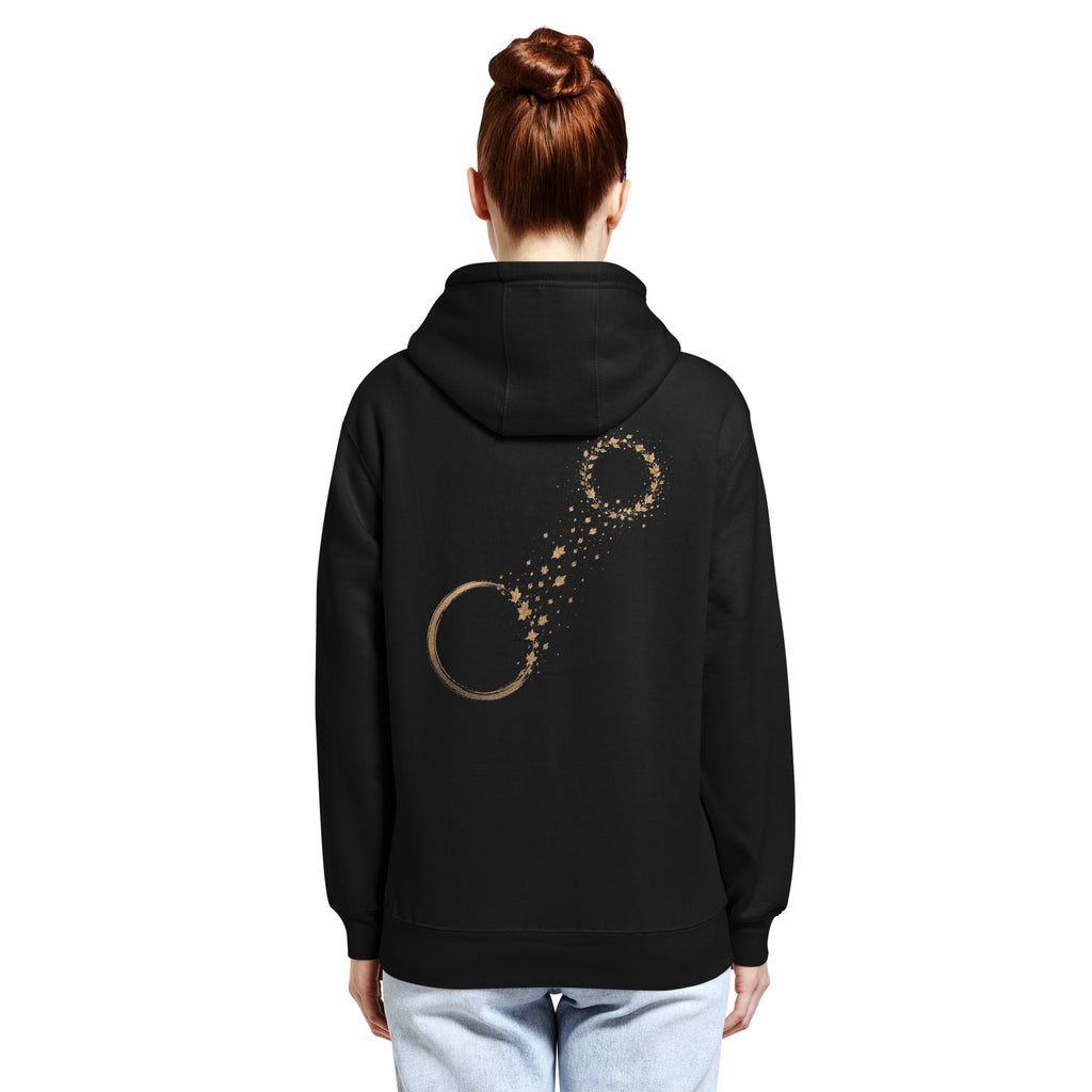 Woman wearing The Necessary Distance Hoodie from the back, showing the placement and scale of the muted gold artwork.