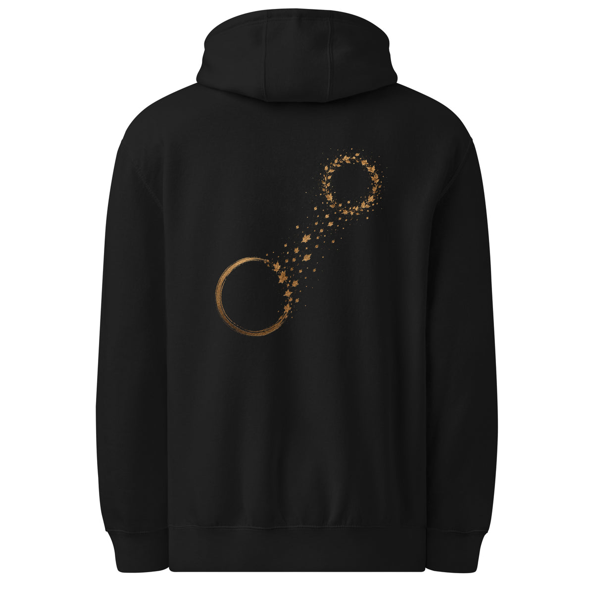 Back view of The Necessary Distance Hoodie in black with abstract muted gold circle and falling leaf artwork.