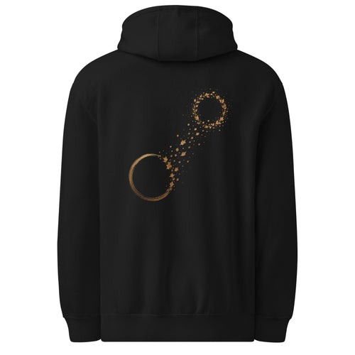 Back view of The Necessary Distance Hoodie in black with abstract muted gold circle and falling leaf artwork.