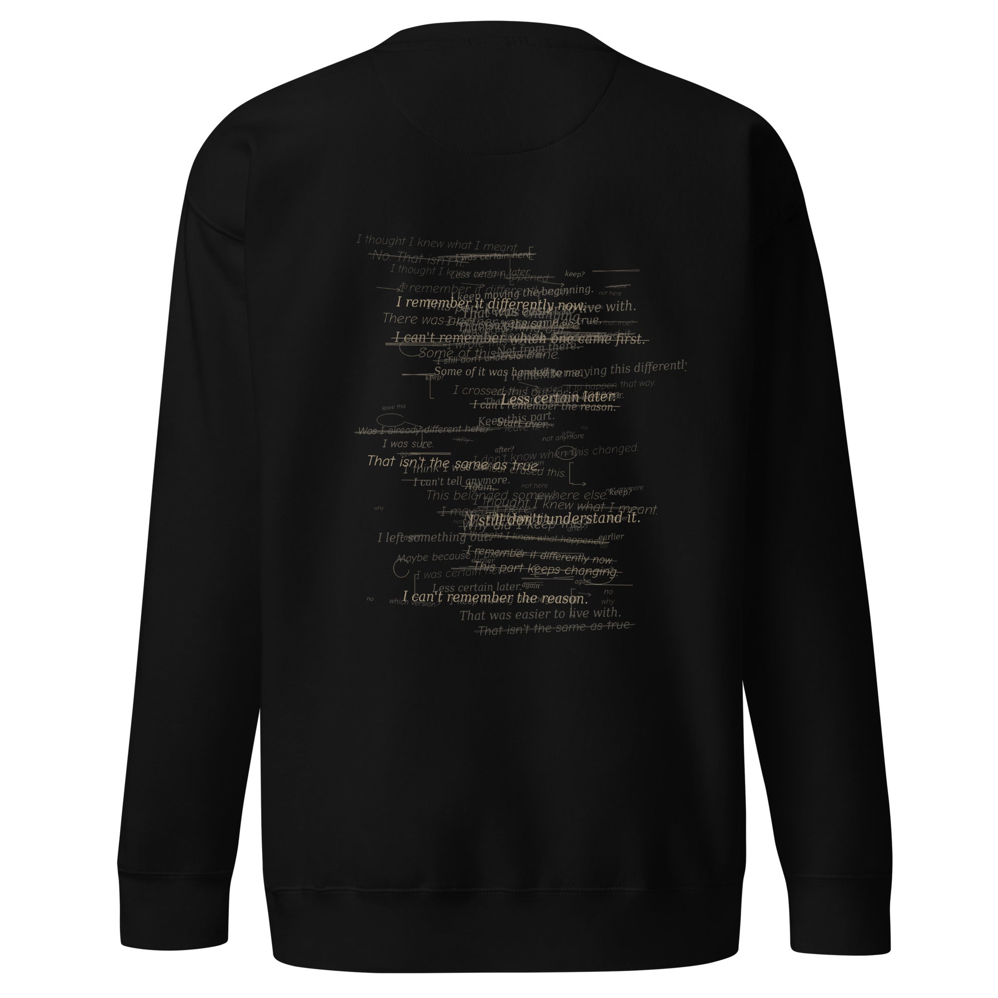 Back view of The Palimpsest Sweatshirt in black featuring layered handwritten and revised text artwork.