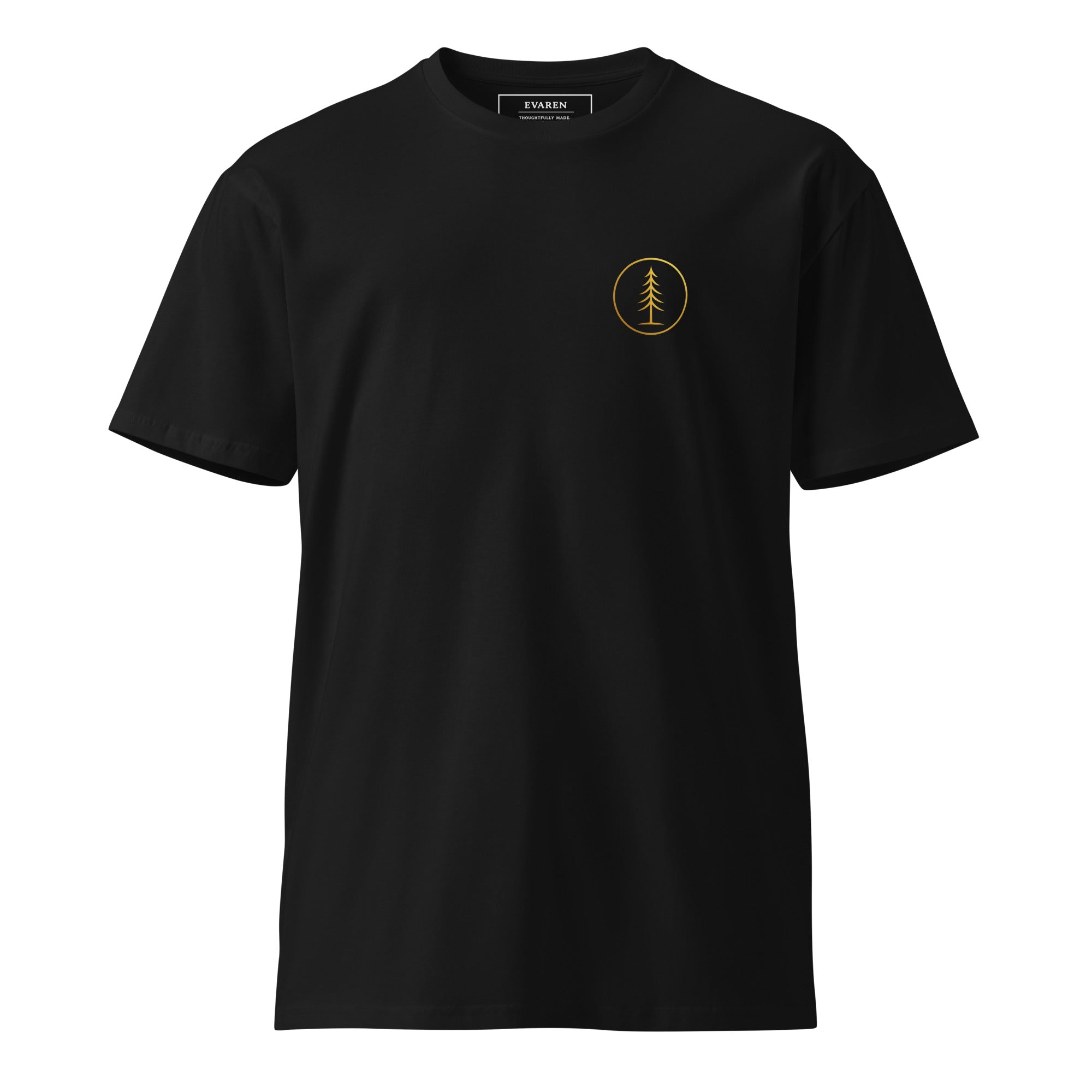 Black EVAREN The Journey Is Everything Tee, front view, featuring the gold EVAREN tree-and-circle emblem on the left chest.