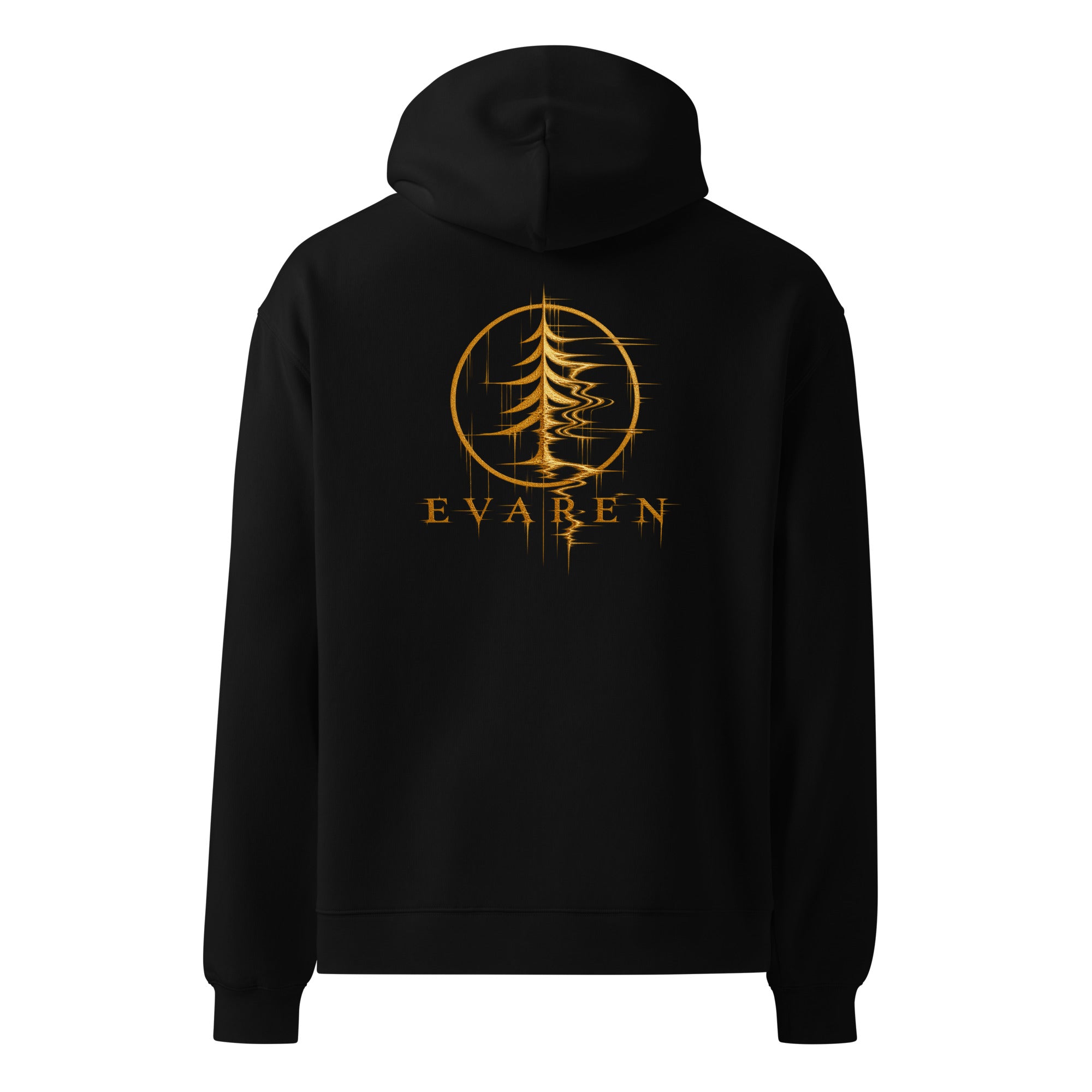 Back view of The Distortion Hoodie by EVAREN in black with gold distorted evergreen and EVAREN graphic.