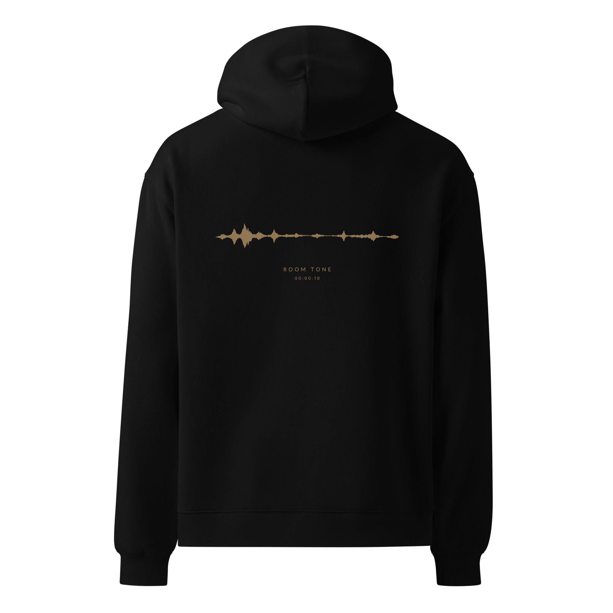 Back view of the black EVAREN Room Tone Hoodie featuring a muted-gold waveform with ROOM TONE and 00:00:10 text.