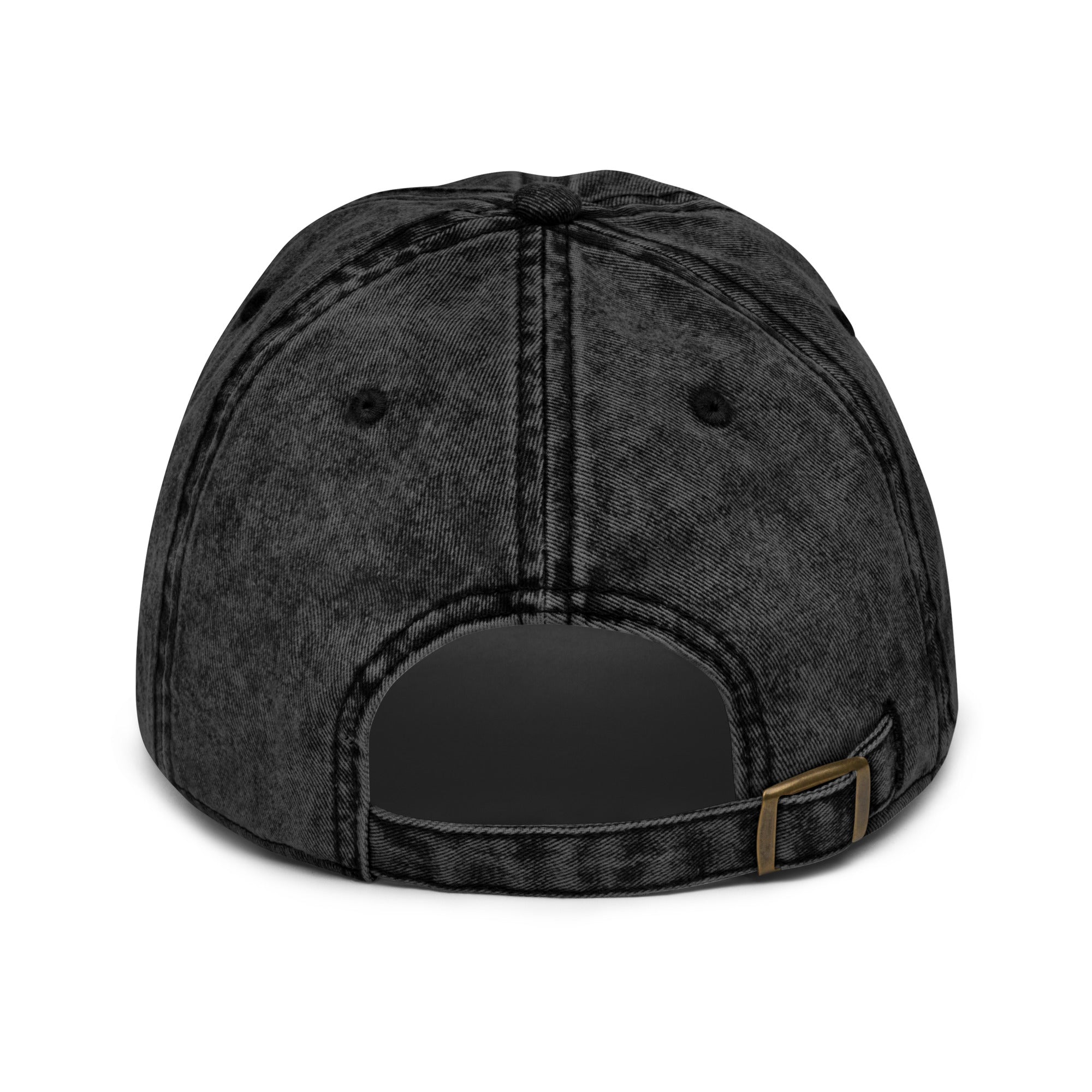 Rear view of The Long Way Home Vintage Cap showing the blank back and adjustable antique brass buckle closure.